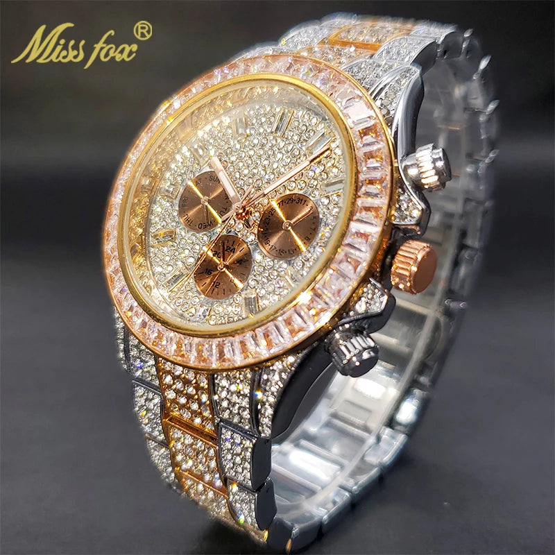MISSFOX Men Watches 2021 Luxury Large Case With Baguette Full Diamond Quartz Wristwatch Chronograph Calendar Watch Droshipping