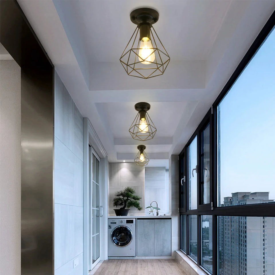 Vintage Ceiling Light Flush Mount Black Iron Lampshade Industrial E27 Pendant Light Grid Cage Bedroom Kitchen Living Room Coffee