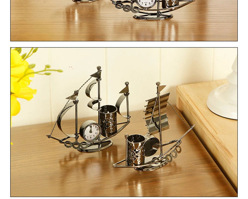 Creative Sailboat Shaped Pen Holder With Clock Office Pencil Box Desk Organizer Stand Case Stationery, Home Desktop Decoration