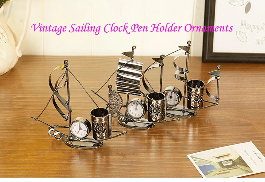 Creative Sailboat Shaped Pen Holder With Clock Office Pencil Box Desk Organizer Stand Case Stationery, Home Desktop Decoration