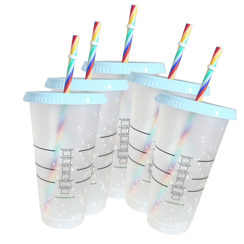 5Pcs Tumbler with Straw Plastic Coffee Cup BPA Free Creative Straw Cup With Logo Change Color Water Bottle 710ml Coffee Tumblers