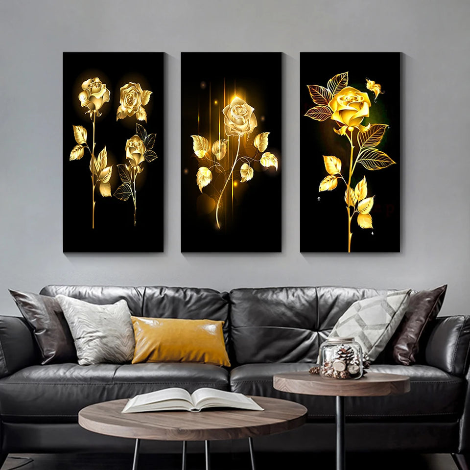 Abstract Golden Leaves and Flower Tree Oil Painting on Canvas Posters and Prints Wall Art Pictures for Living Room Cuadros Decor