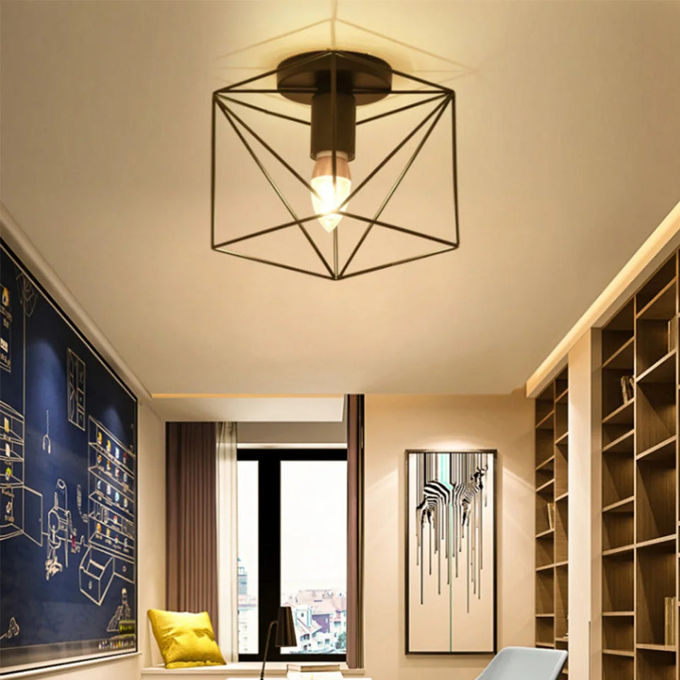 Vintage Ceiling Light Flush Mount Black Iron Lampshade Industrial E27 Pendant Light Grid Cage Bedroom Kitchen Living Room Coffee