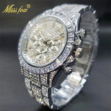 MISSFOX Men Watches 2021 Luxury Large Case With Baguette Full Diamond Quartz Wristwatch Chronograph Calendar Watch Droshipping