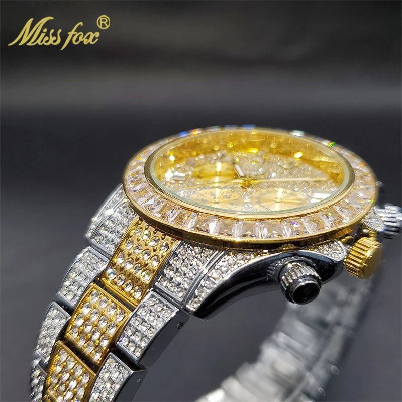 MISSFOX Men Watches 2021 Luxury Large Case With Baguette Full Diamond Quartz Wristwatch Chronograph Calendar Watch Droshipping
