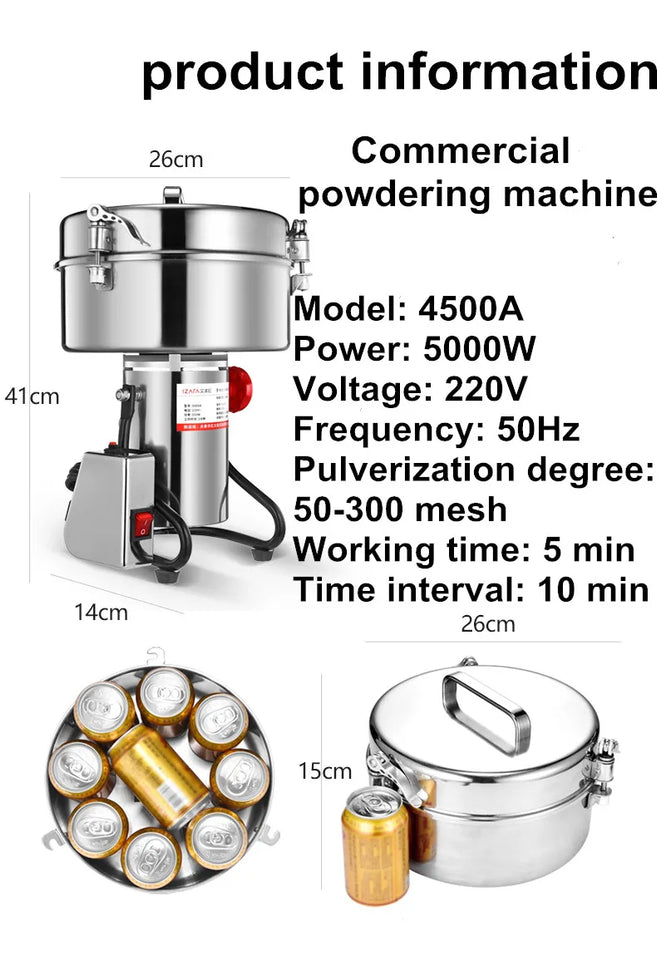 4500G Commercial Grain Grinder High Speed 4500W Cereals Medicinal Materials Spices Powder Crusher Stainless Steel Coffee Grinder