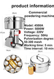 4500G Commercial Grain Grinder High Speed 4500W Cereals Medicinal Materials Spices Powder Crusher Stainless Steel Coffee Grinder