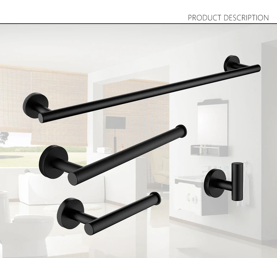 Bathroom Accessories Hardware Set Kit Towel Bar Wall Mount Matt Black Toilet Paper Holder Hand Robe Hook Hanger Stainless Steel