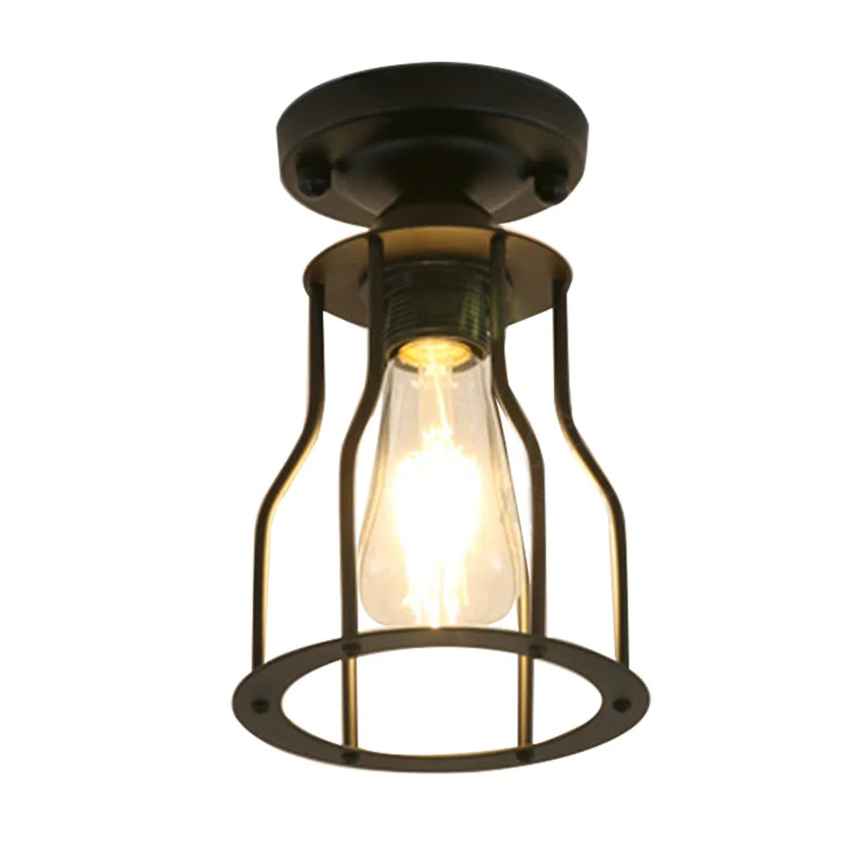 Vintage Ceiling Light Flush Mount Black Iron Lampshade Industrial E27 Pendant Light Grid Cage Bedroom Kitchen Living Room Coffee