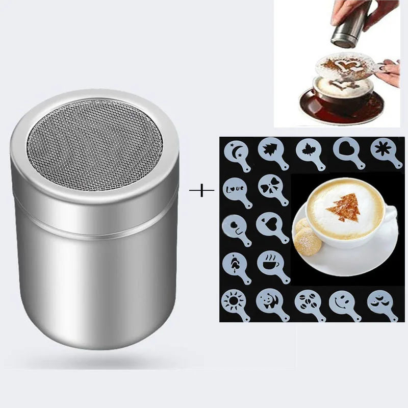 1pc Stainless Steel Chocolate Shaker Cocoa Flour Coffee Sifter+16Pcs Coffee Template Strew Flower Pad Spray Art Coffee Tools