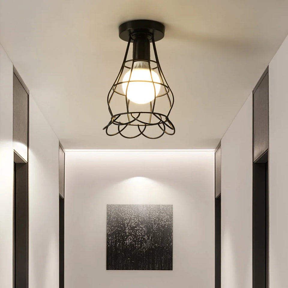 Vintage Ceiling Light Flush Mount Black Iron Lampshade Industrial E27 Pendant Light Grid Cage Bedroom Kitchen Living Room Coffee