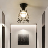 Vintage Ceiling Light Flush Mount Black Iron Lampshade Industrial E27 Pendant Light Grid Cage Bedroom Kitchen Living Room Coffee