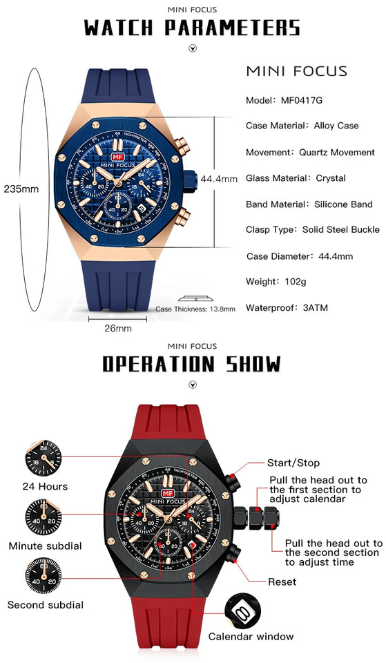 MINI FOCUS Watches Men Blue Silicone Strap Sport Watch Waterproof Luminous Chronograph Quartz Wristwatch часы мужские reloj 0417