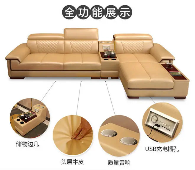 Living Room Sofa set furniture real genuine cow leather sofa recliner speaker bluetooth puff asiento muebles de sala canape cama