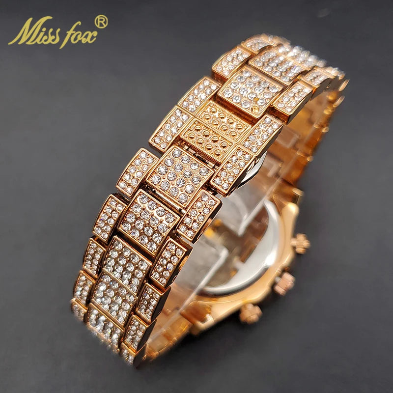 MISSFOX Men Watches 2021 Luxury Large Case With Baguette Full Diamond Quartz Wristwatch Chronograph Calendar Watch Droshipping