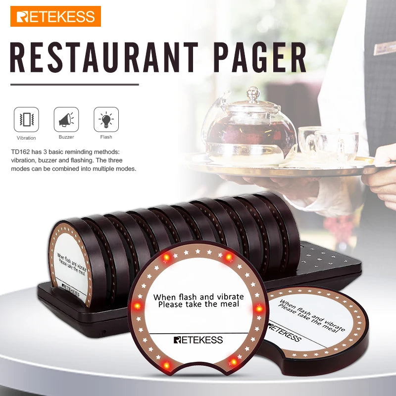 RETEKESS T119 Wireless Restaurant Paging System Coaster Vibrater Buzzer Receiver 2-Way Charge for Cafe Food Trucks
