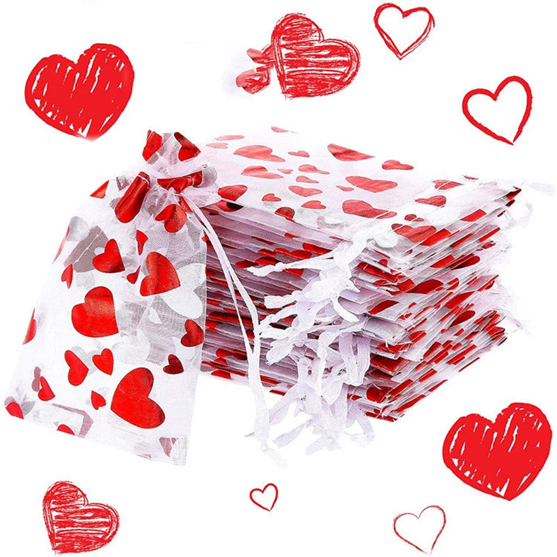 100Pcs Valentine's Day Organza Bag Love Heart Drawstring Jewelry Candy Gift Bag Pounch Cosmetic Packaging Bags Wedding Party