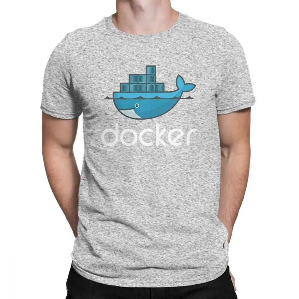 Men Docker Logo T Shirt Linux Javascript Computer Cotton Sweatshirt Funny Short Sleeve Round Neck Tees Graphic T-Shirts