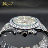 MISSFOX Men Watches 2021 Luxury Large Case With Baguette Full Diamond Quartz Wristwatch Chronograph Calendar Watch Droshipping