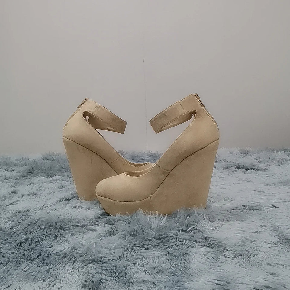 LOSLANDIFEN Women Shoes Flock Buckle Bowtie Ankle Strap High Heels Sexy 14cm Platform Wedges Female Pumps Red Wedding Shoe