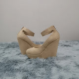 LOSLANDIFEN Women Shoes Flock Buckle Bowtie Ankle Strap High Heels Sexy 14cm Platform Wedges Female Pumps Red Wedding Shoe