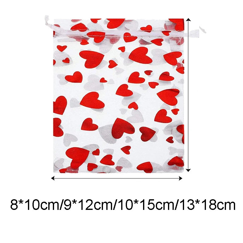 100Pcs Valentine's Day Organza Bag Love Heart Drawstring Jewelry Candy Gift Bag Pounch Cosmetic Packaging Bags Wedding Party