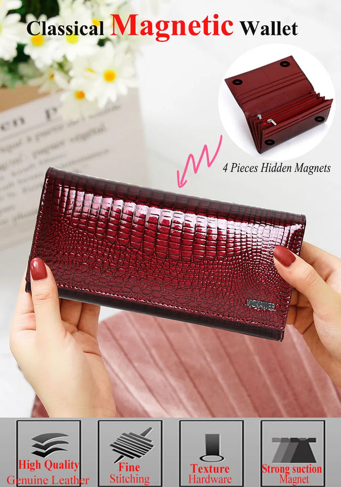 New Women Magnetic Hasp Wallet Genuine Leather Coin Purse Ladies Long Fashion Female Card Hold Money Bag AE501-1