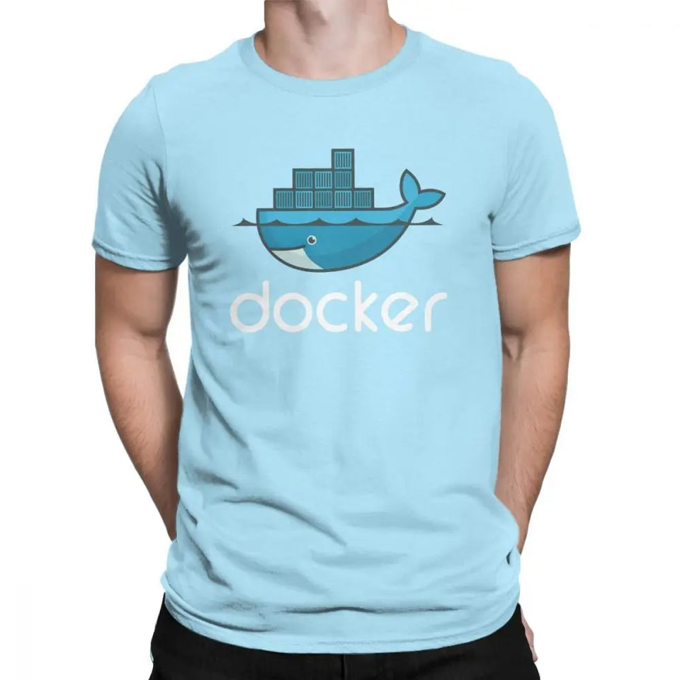 Men Docker Logo T Shirt Linux Javascript Computer Cotton Sweatshirt Funny Short Sleeve Round Neck Tees Graphic T-Shirts