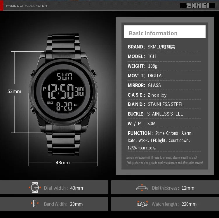 SKMEI Digital 2 Time Mens Watches Fashion LED Men Digital Wristwatch Chrono Count Down Alarm Hour For Mens reloj hombre 1611