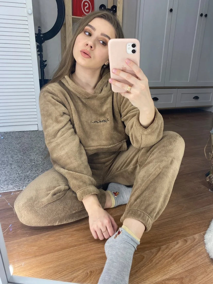 Women Winter Flannel Pajama Set Fleece Pajamas Sleepwear Homewear Thick Warm Velvet Female Suit Fall Sweatshirt Ladies Pyjama