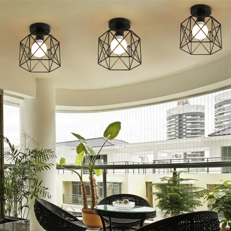 Vintage Ceiling Light Flush Mount Black Iron Lampshade Industrial E27 Pendant Light Grid Cage Bedroom Kitchen Living Room Coffee