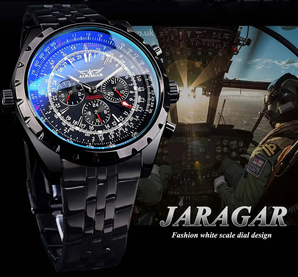 Jaragar 3 Dial Men's Automatic Watch Stainless Steel Mechanical Men's watches Date Week Display Luminous Wristwatch Blue Glass