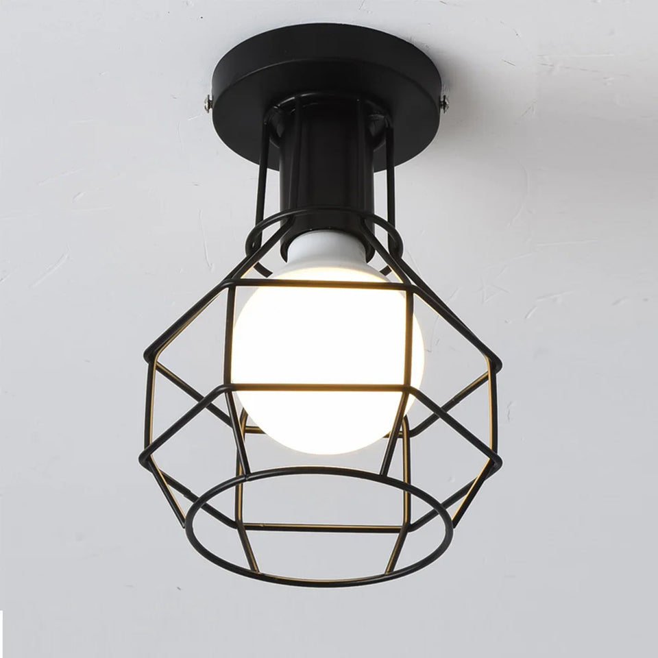 Vintage Ceiling Light Flush Mount Black Iron Lampshade Industrial E27 Pendant Light Grid Cage Bedroom Kitchen Living Room Coffee