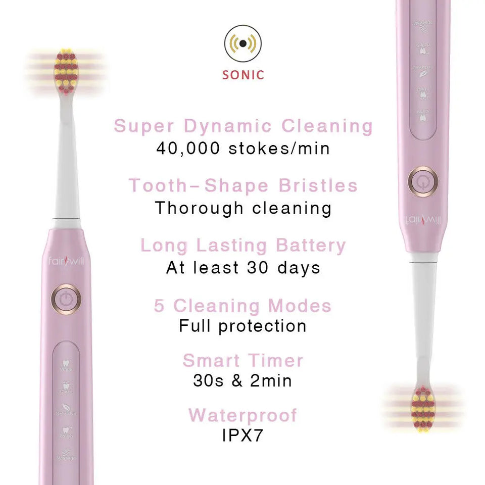 Fairywill Electric Sonic Toothbrush FW-D7 USB Charge Rechargeable Adult Waterproof Electronic Tooth Brushes Replacement Heads 8