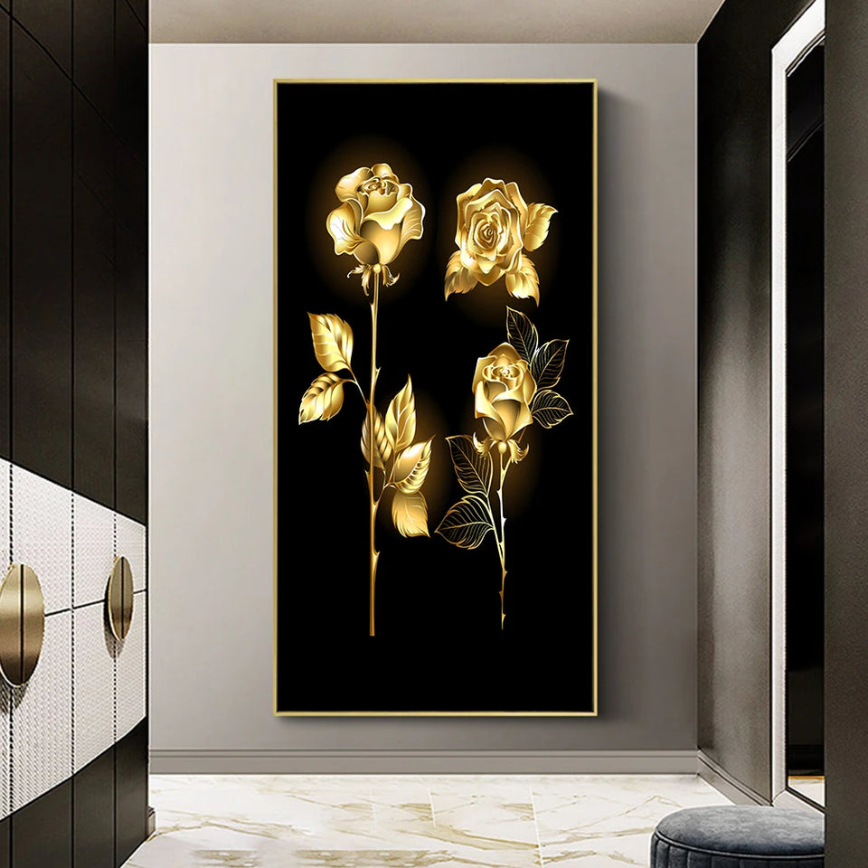 Abstract Golden Leaves and Flower Tree Oil Painting on Canvas Posters and Prints Wall Art Pictures for Living Room Cuadros Decor