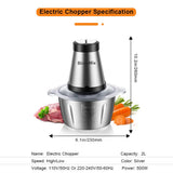 BioloMix 2 Speeds 500W Stainless Steel 2L Capacity Electric Chopper Meat Grinder Mincer Food Processor Slicer