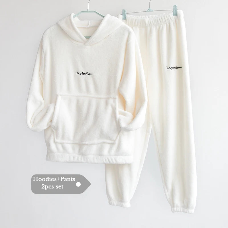 Women Winter Flannel Pajama Set Fleece Pajamas Sleepwear Homewear Thick Warm Velvet Female Suit Fall Sweatshirt Ladies Pyjama