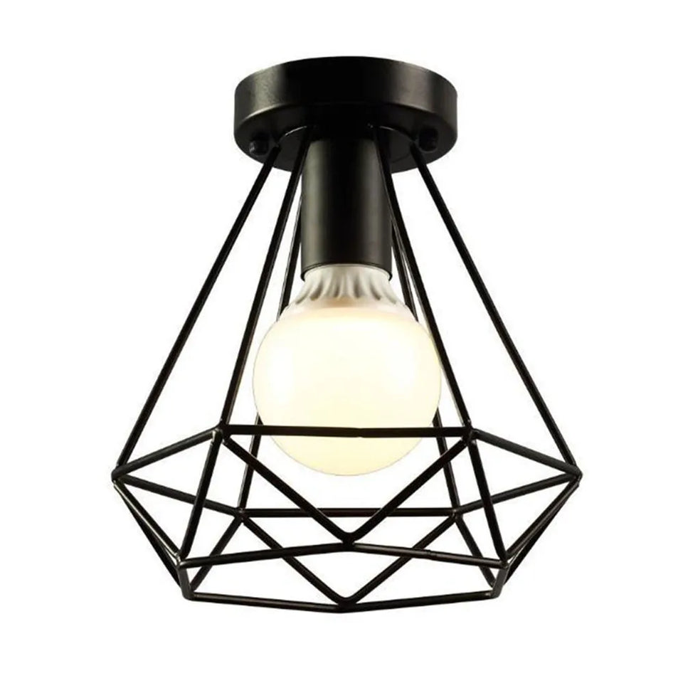 Vintage Ceiling Light Flush Mount Black Iron Lampshade Industrial E27 Pendant Light Grid Cage Bedroom Kitchen Living Room Coffee