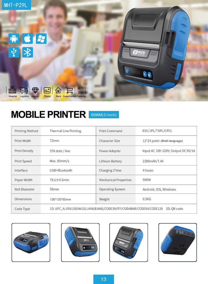 MHT-P29L Milestone Bluetooth 80mm Usb Thermal Receipt Printer Mini Tag Barcode Sticker Printer Receipt Printing Machine