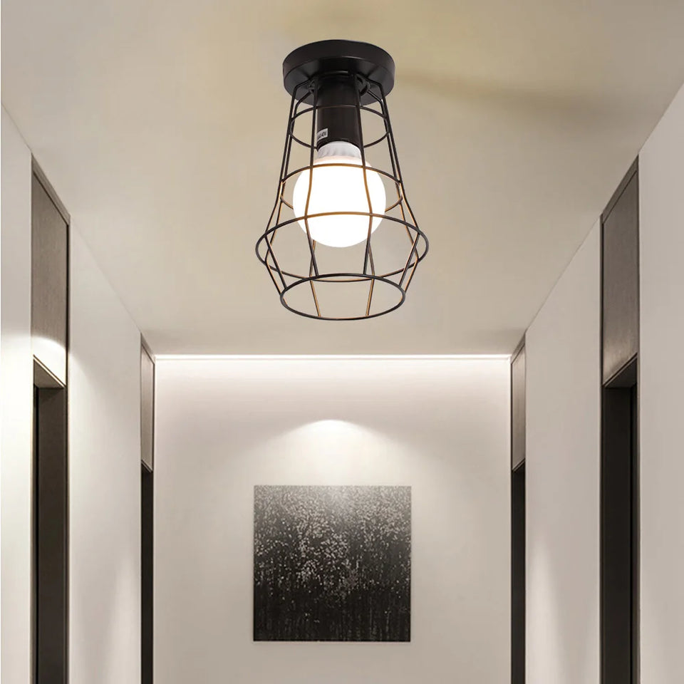 Vintage Ceiling Light Flush Mount Black Iron Lampshade Industrial E27 Pendant Light Grid Cage Bedroom Kitchen Living Room Coffee