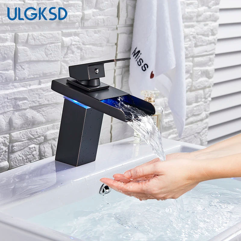 Black LED Bathroom Basin Faucet Temperature Induction Change Color Hot Cold Water Mixer Taps with Battery Box Deck Installation