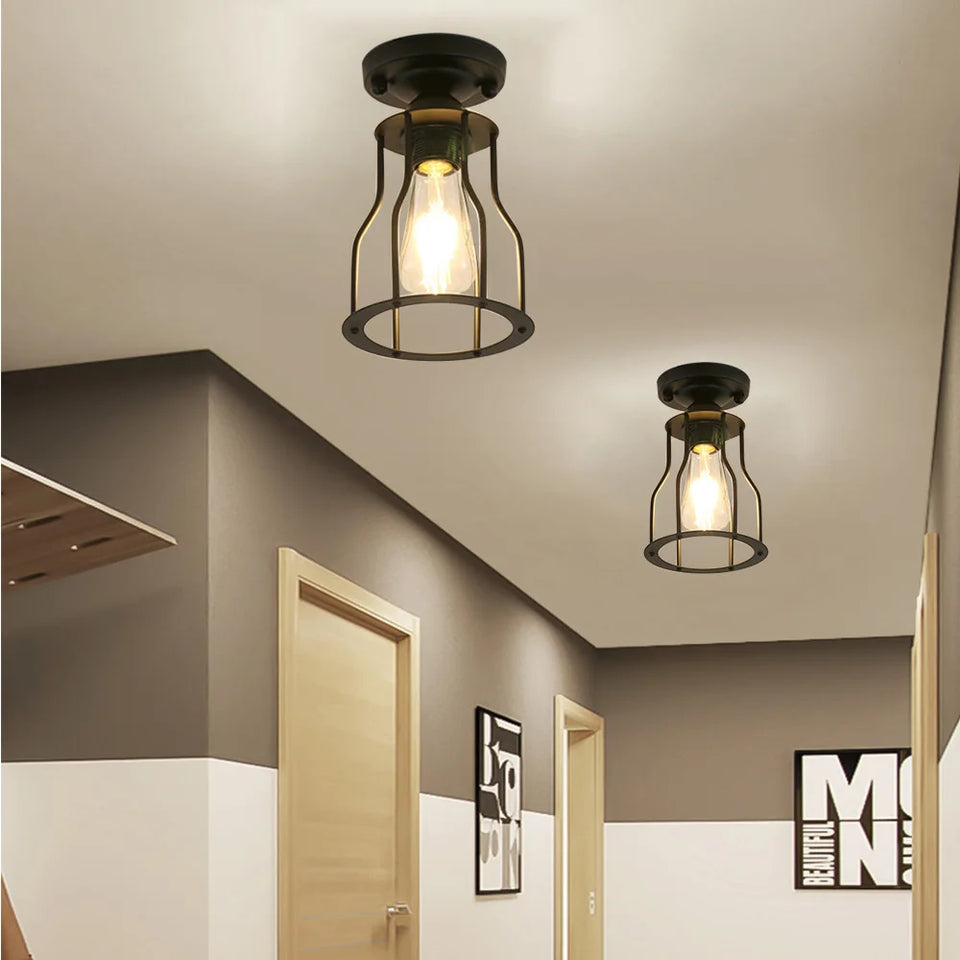 Vintage Ceiling Light Flush Mount Black Iron Lampshade Industrial E27 Pendant Light Grid Cage Bedroom Kitchen Living Room Coffee