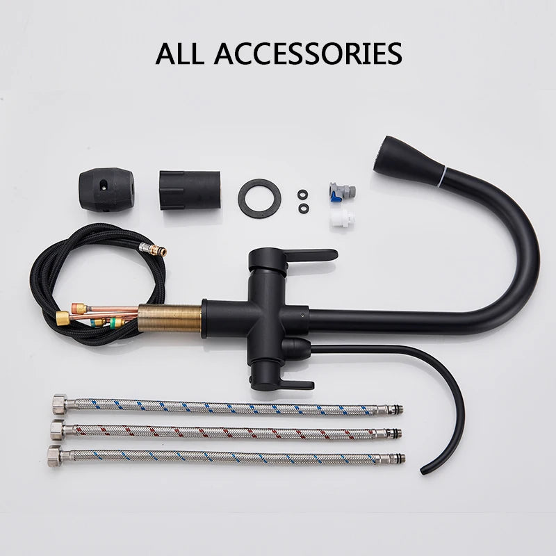 Purification Water Kitchen Faucet Black 360° Rotating Filter Water Faucets Pull Out Sprayer 3 Ways Hot Cold Water Mixer Tap