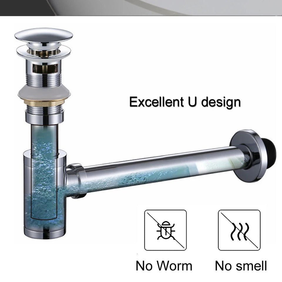 Bathroom Basin Bottle Trap Drain Modern Bathroom Sink P-Trap Set Pop Up Filter Chrome Basin Siphon Horse Accessory Renovation
