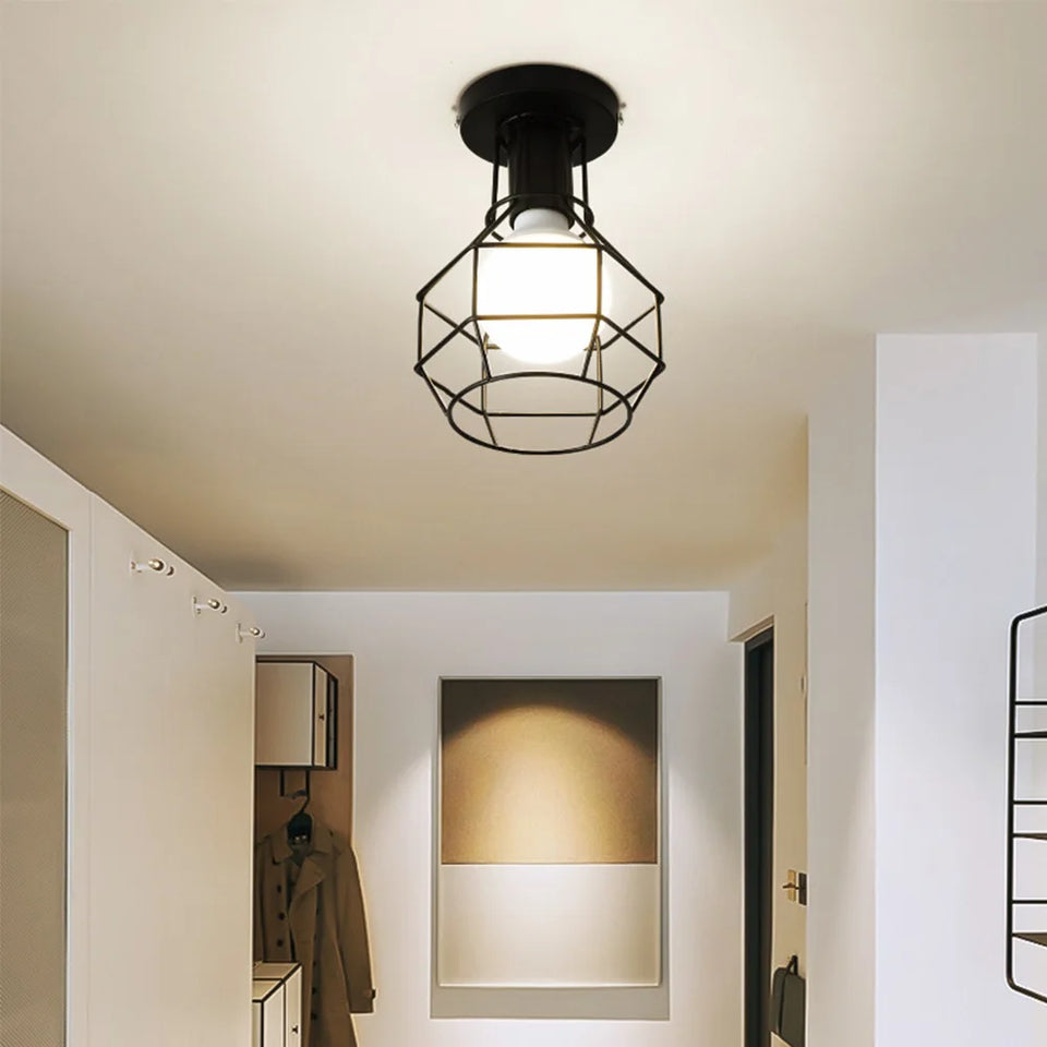 Vintage Ceiling Light Flush Mount Black Iron Lampshade Industrial E27 Pendant Light Grid Cage Bedroom Kitchen Living Room Coffee