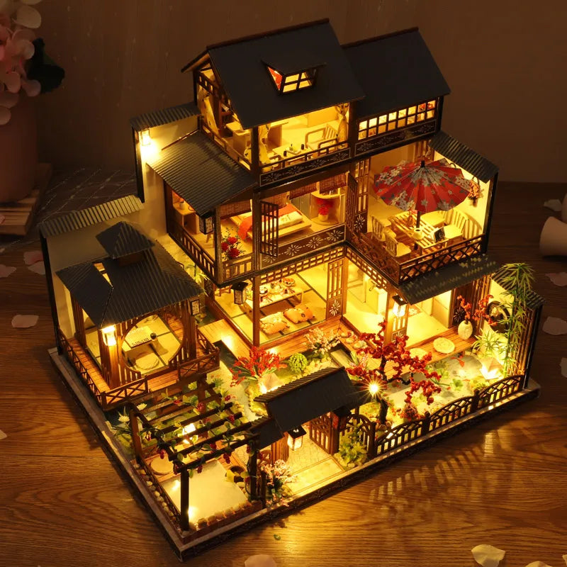 Newest DIY Wooden Dollhouse Japanese Architecture Doll Houses Mininatures with Furniture Toys for Children Friend Birthday Gift