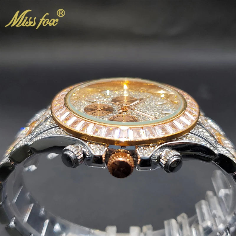 MISSFOX Men Watches 2021 Luxury Large Case With Baguette Full Diamond Quartz Wristwatch Chronograph Calendar Watch Droshipping