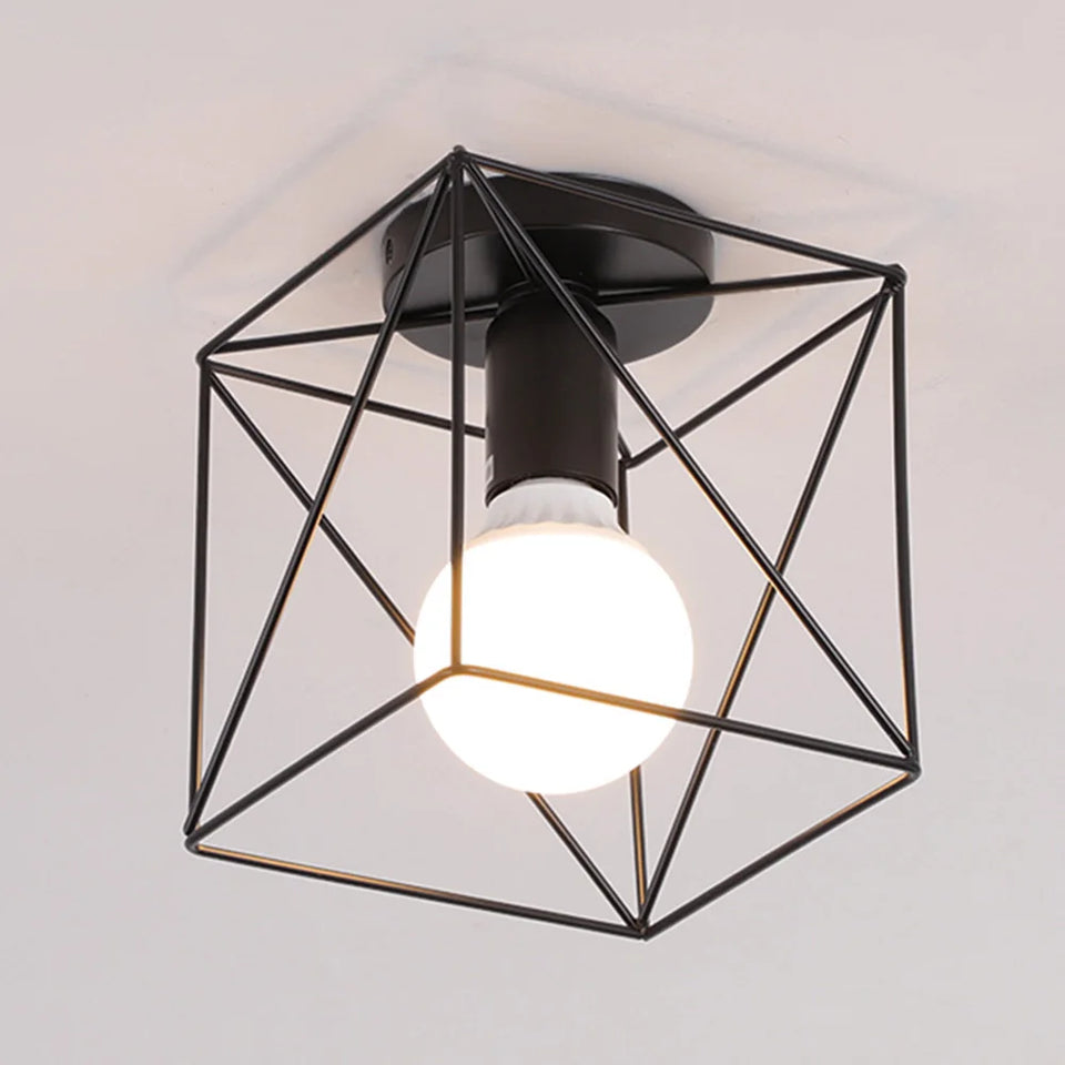 Vintage Ceiling Light Flush Mount Black Iron Lampshade Industrial E27 Pendant Light Grid Cage Bedroom Kitchen Living Room Coffee