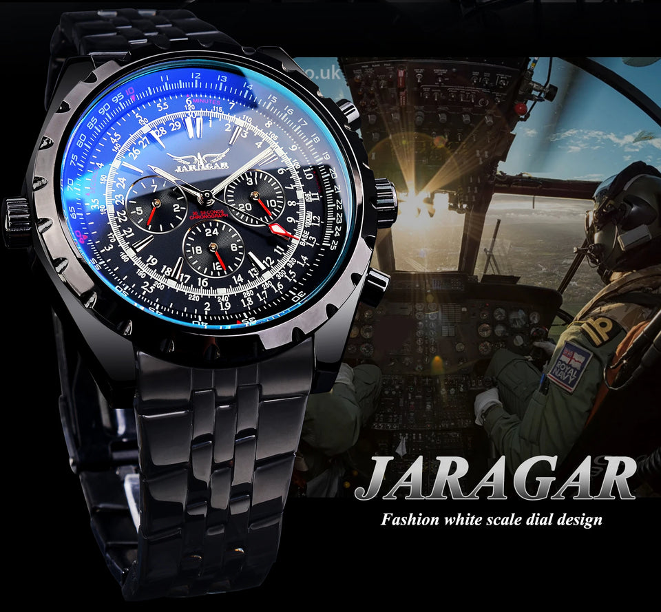 Jaragar 3 Dial Men's Automatic Watch Stainless Steel Mechanical Men's watches Date Week Display Luminous Wristwatch Blue Glass