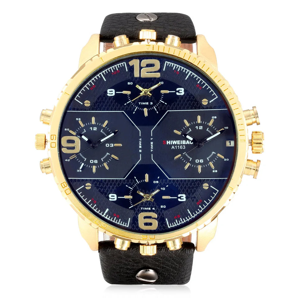 Cool Big Watch Men Watches Quartz Wrist Watch Golden Case Leather Army Quartz-Watch Relogio Masculino 4 Time Zones Military Hour